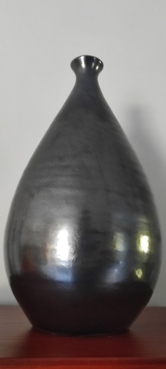 Image 1 of Vintage Mid-Century Ceramic Drop Vase (36cm) – Metallic Black