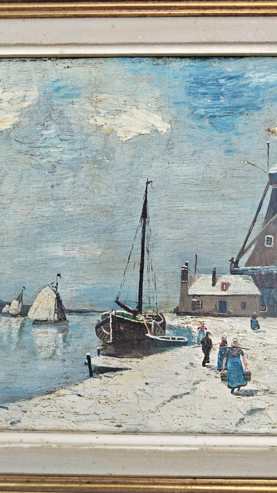 Dutch winter landscape, 32cm x 24cm. – Paintings & Drawings, Wood, Canvas (photo 4 of 12)