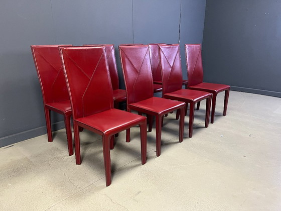 Image 1 of Esszimmerstühle aus rotem Leder von Roche Bobois France, 1980er Jahre – 8er-Set