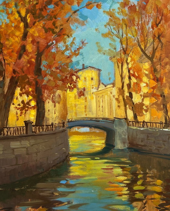 Image 1 of Pintura al óleo original Paisaje urbano otoñal Escalones en el puente de otoño