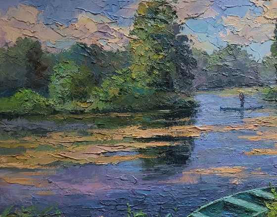 Original Oil Painting Summer Landscape Nature Boat on the Pond – Paintings & Drawings, Canvas (photo 4 of 7)