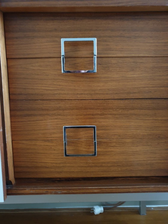 Image 1 of Teak wood cabinet with sliding door, drawers, mirror and light