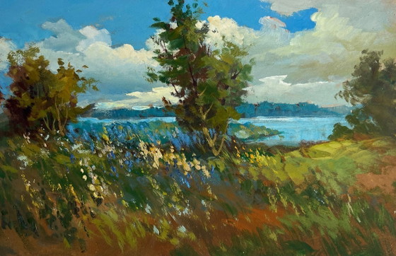 Image 1 of Dipinto ad olio originale: Paesaggio costiero estivo, campo di fiori e fiume.