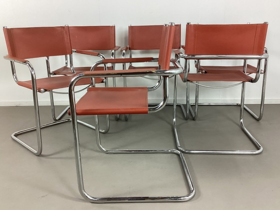 6 Vintage Mart Stam S34 Slede Design Stoelen Seventies – Eetkamerstoelen, polished steel, Leather (photo 5 of 11)