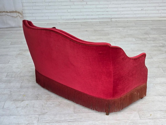 1970s, Danish 2-Seater Sofa, Red Furniture Velour, Ash Wood Legs. – 2 seaters, Velvet (photo 12 of 20)