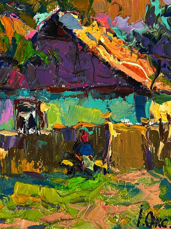 Image 1 of Peinture à l'huile originale, paysage champêtre, jardin d'été, maison au crépuscule