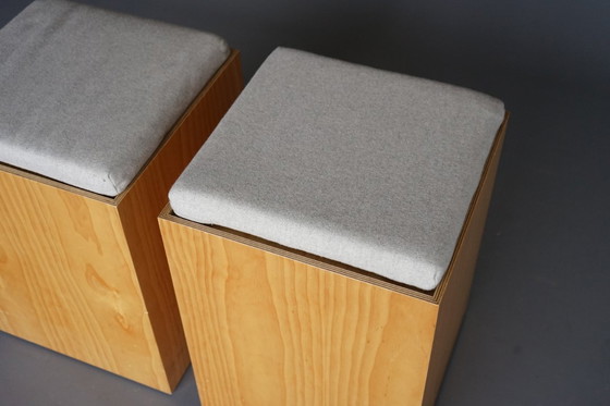 Image 1 of Minimalistische multiplex krukjes met kussens, jaren 90, set van 4