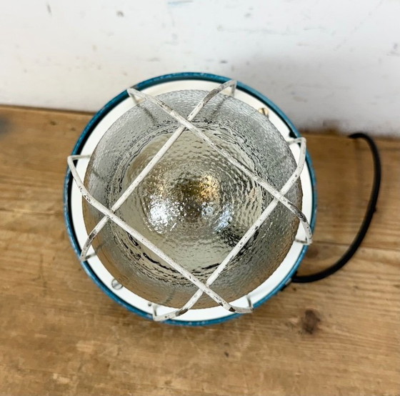 Image 1 of Blauwe industriële bunkerkooilamp van Polam Gdansk, jaren 70