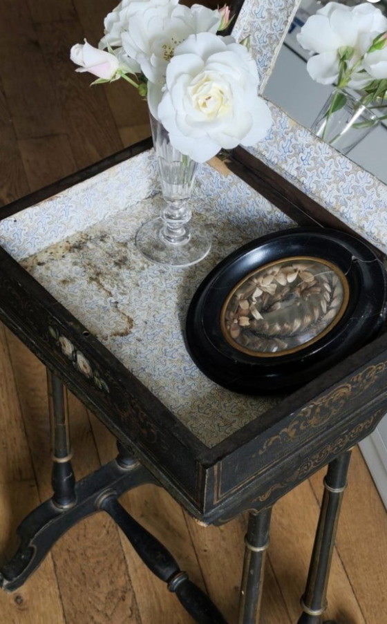 Image 1 of Small Napoleon III work table/sewing box in painted blackened wood – 19th century