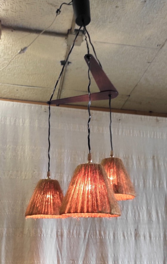 Image 1 of Hanglamp met drie lichtpunten in Scandinavische stijl, gemaakt van teak en sisal - jaren 60/70