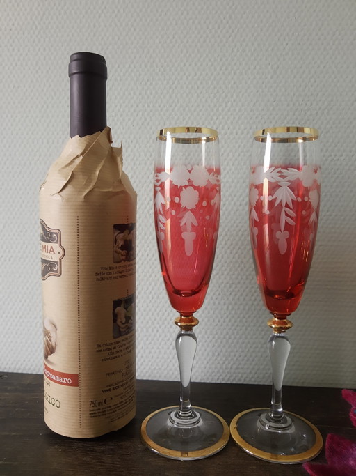 Set vintage kristallen Janus champagneglazen flutes met bladgoud