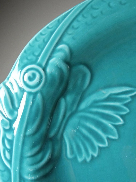 Image 1 of Set of 5 vintage turquoise earthenware fish plates from the 1960s-70s