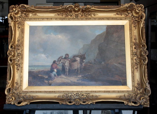 Olieverfschilderij van Joseph Paul Pettitt & George Young "Mosselverzamelaars aan de zuidkust" (matte weergave)