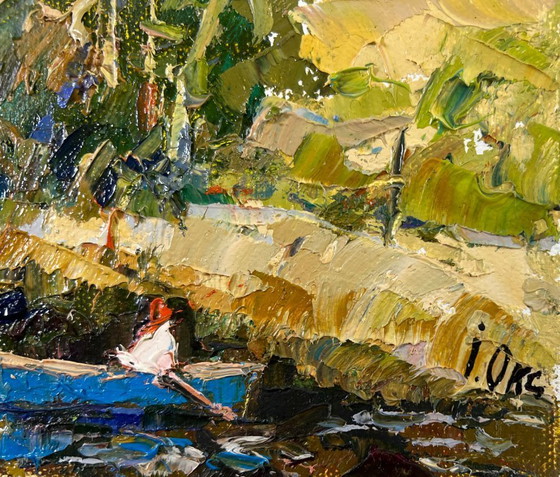 Image 1 of Original Oil Painting Summer Coastal Landscape Family vacation on the lake