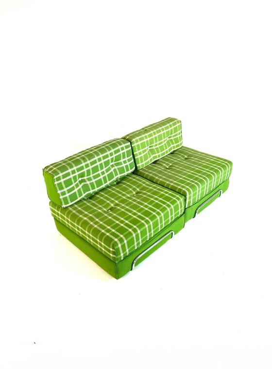 Set of 2 vintage convertible armchairs, Germany '80s, Chrome, Textile, Green (photo 5 of 14)