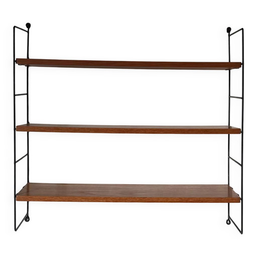 Vintage teakhouten draadwandplank in String-stijl. – wandrek, Metal