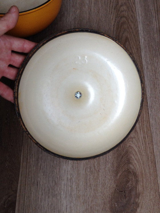 Image 1 of Le Creuset 23 La Mama Enzo Mari vintage yellow cast iron casserole dish