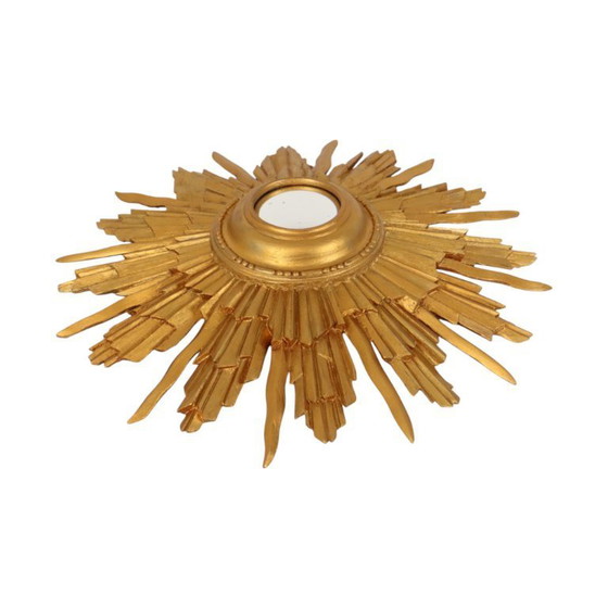 Image 1 of Vintage Houten Zonnespiegel Sunburst Convex Goud 46cm