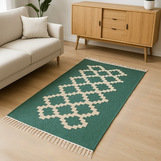 Image 1 of Senon Kelim Läufer 70 × 140 cm - Handgefertigt in Ägypten - Grüner Diamant, Flachgewebe