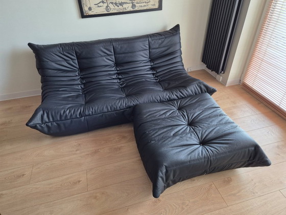 Image 1 of Michel Ducaroy for Ligne Roset Black Leather Togo Sofa and pouf, Set of 2