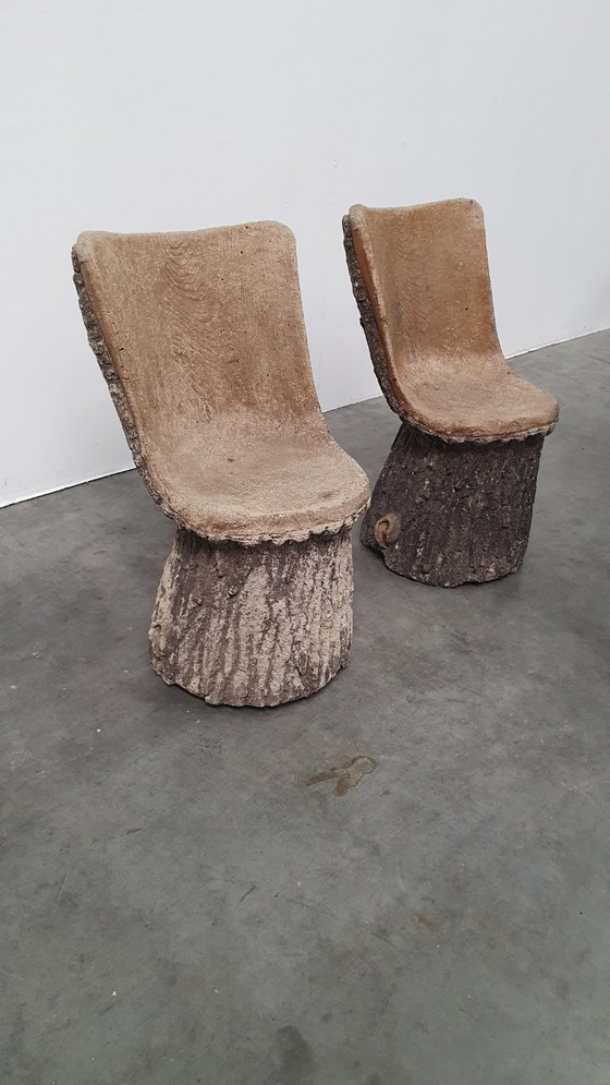 Image 1 of Vintage faux wood cement garden set 4 chairs/table Brutalist 60s France