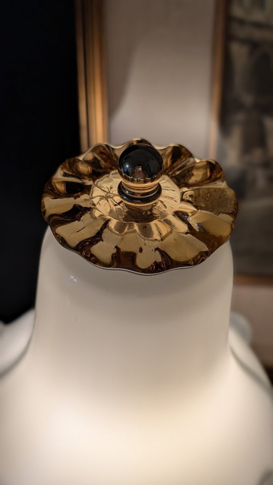 Image 1 of Set van twee tafellampen van Sylcom, gemaakt van Murano-glas – melkwit, amber en goud ✨