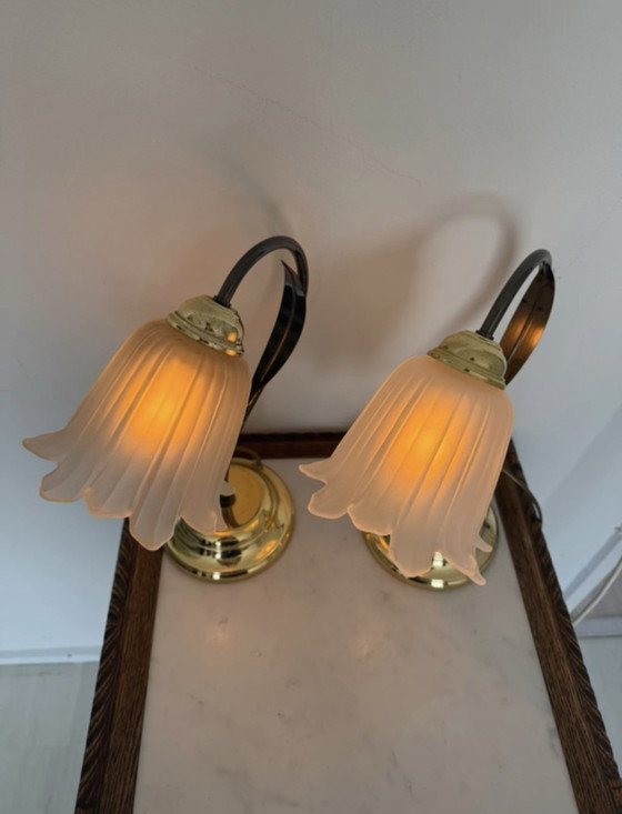 Vintage Flower Lamps in Hollywood Regency Style - Set of 2 – Massive, Table lamps, Glass, Metal (photo 8 of 17)