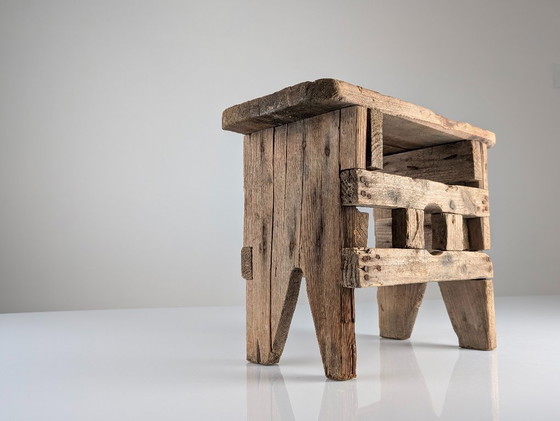 Image 1 of Antique Wood Stool, Wabi Sabi Style, Old Artisan Craftsmanship