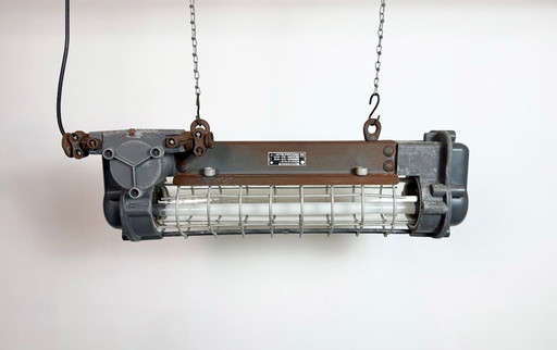 Grijze industriële hanglamp met buisconstructie van Elektrosvit, jaren 70.