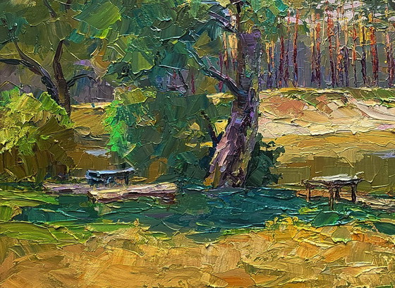 Image 1 of Dipinto ad olio originale, paesaggio naturale, lago estivo, ai margini del villaggio.