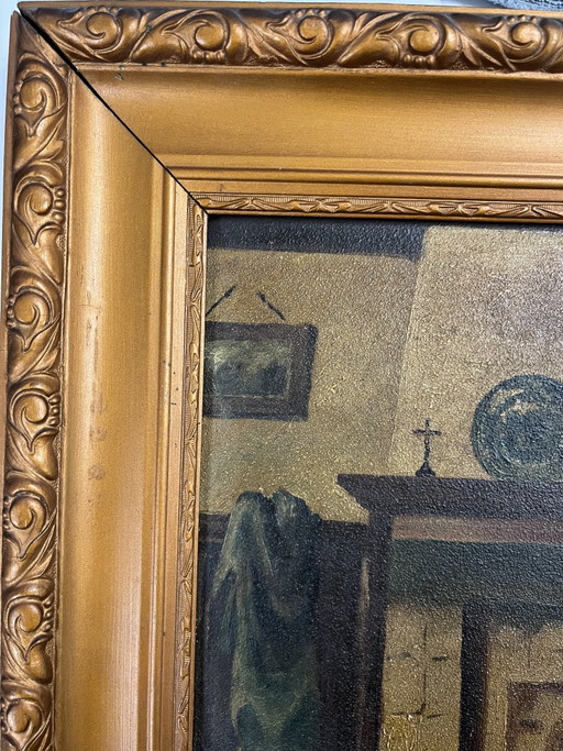 Antique oil painting on wooden panel (1920) – Signed – Interior with fireplace – Includes original frame (photo 2 of 10)