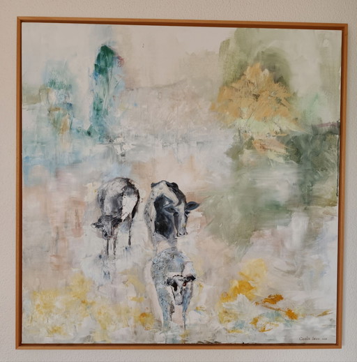 Olieverfschilderij "Koeien in de mist"