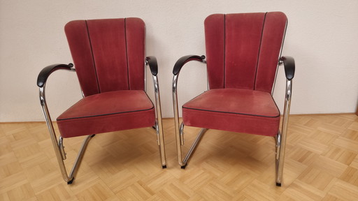 2x Gebr. van der Stroom Dutch Originals Gispen 412 Stühle Rot Gerippter Samt