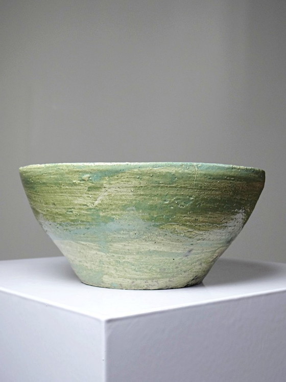 Image 1 of Vintage handmade ceramic bowl, 20th-19th century, celadon green, blue-green, Wabi-Sabi