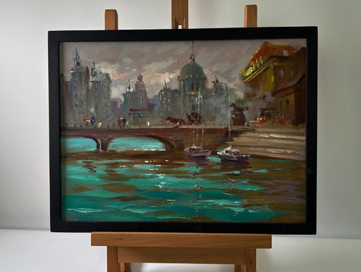 Original Oil Painting Urban Landscape Architecture River Bridge Busy City Streets – schilderijen tekeningen (photo 2 of 10)