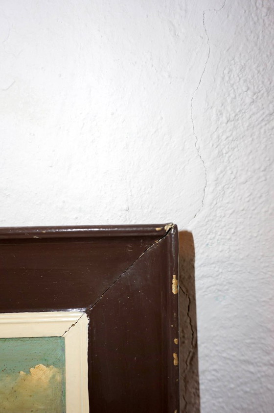 Image 1 of antique dutch windmill landscape oil painting * early 20th century * brown wooden frame * canal boat scene * farmhouse wall art