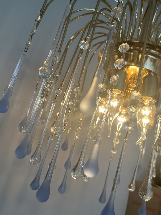 Image 1 of Vintage Blauwe Teardrop Kroonluchter Hanglamp Goud Frame