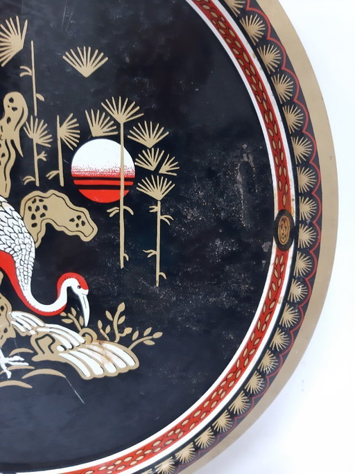 Vintage asiatisches Serviertablett aus Zinn, 32 cm