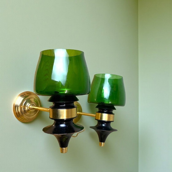 Image 1 of Pair Rustic style green glass wall sconce lamps, 1990s