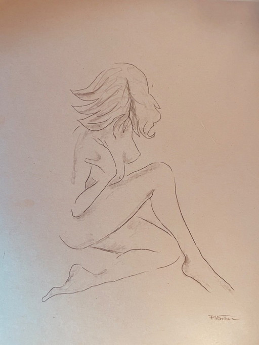 Nude female drawing "squatting sketchbook" on antique cardboard