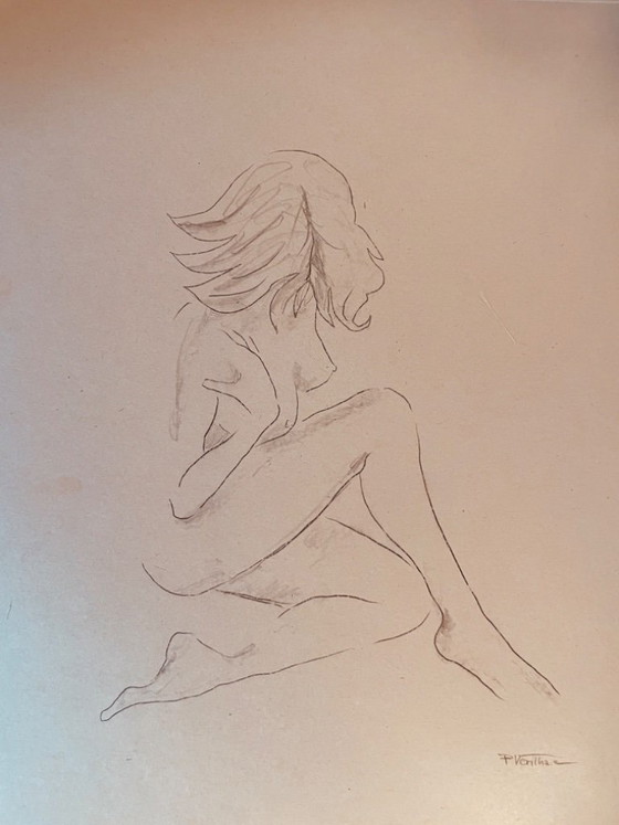 Image 1 of Nude female drawing "squatting sketchbook" on antique cardboard