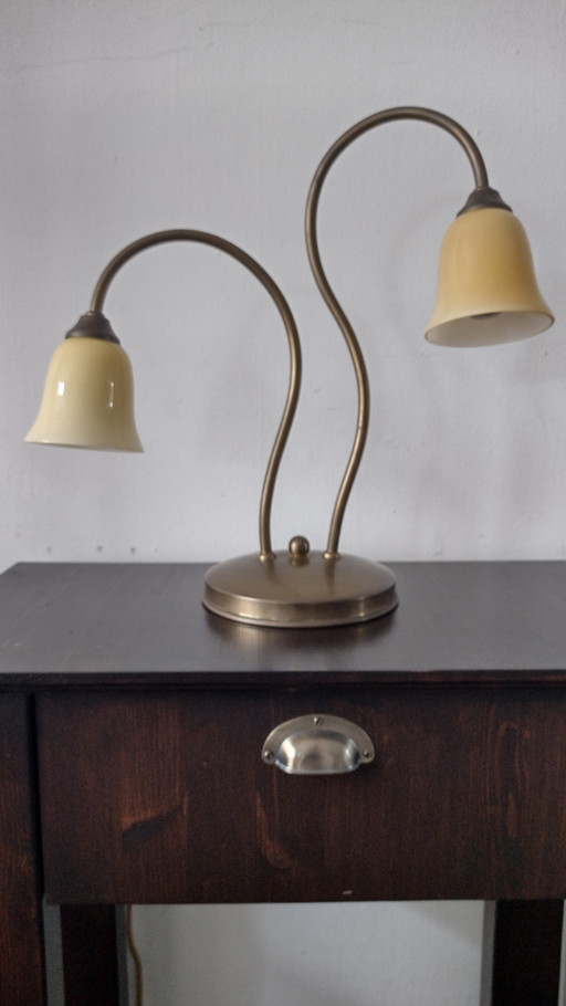 Lampe de table vintage artisanale - Jozé ten Have v.o.f. - avec bras double et calices en verre