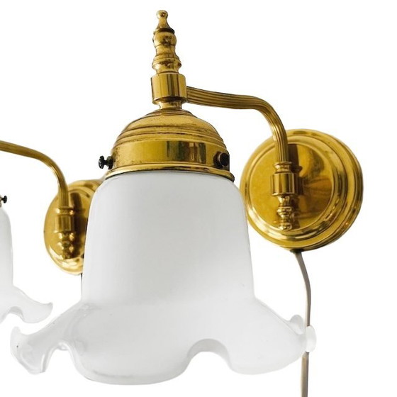 Image 1 of Set wandlampen messing melkglas Hollywood Regency 1970's