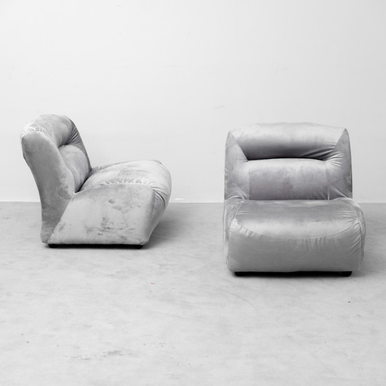 Paar vintage loungefauteuils in grijs fluweel – Jaren 70 design – Stoelen / fauteuils, Velvet (photo 5 of 10)