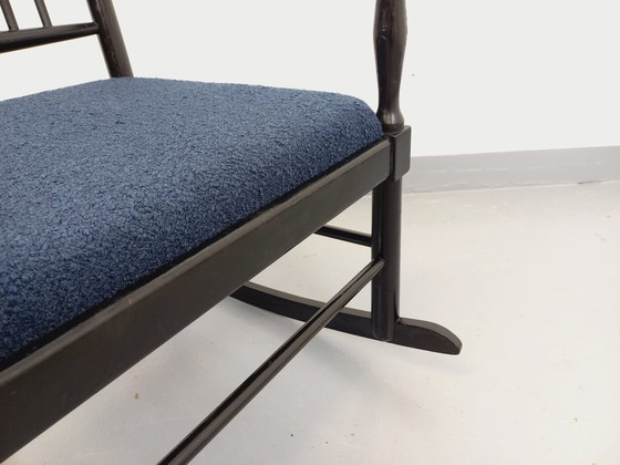 Image 1 of Fauteuil rocking-chair suédois de Karl Axel Adolfsson pour Gemla vintage en bois noir et tissu bouclette des années 50 60