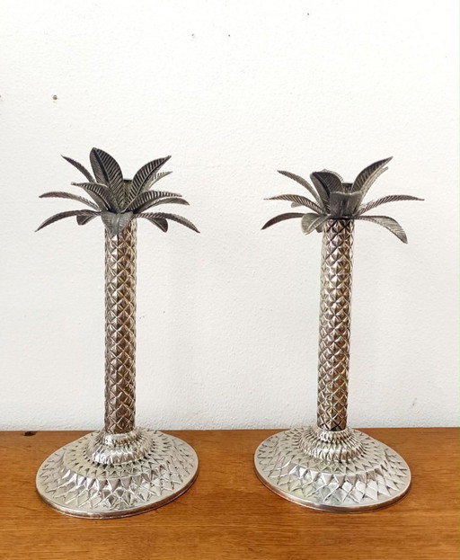 2 portavelas vintage con forma de palmera en metal plateado