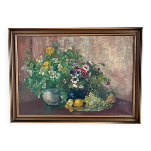 Grande nature morte florale originale vintage avec fruits