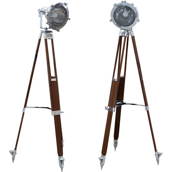 Image 1 of Pair of vintage tripod floor lamps in anodized aluminum and cherry wood, Italy 1989