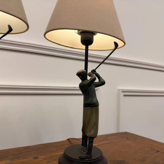Set di Lampade da Tavolo Golfers in Bronzo, Legno, Klassiek (foto 7 di 9)