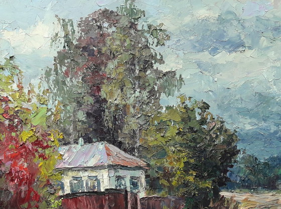 Original Ölgemälde Landschaft Landhaus Herbst im Dorf Guta – Gemälde & Zeichnungen, Canvas (photo 5 of 8)